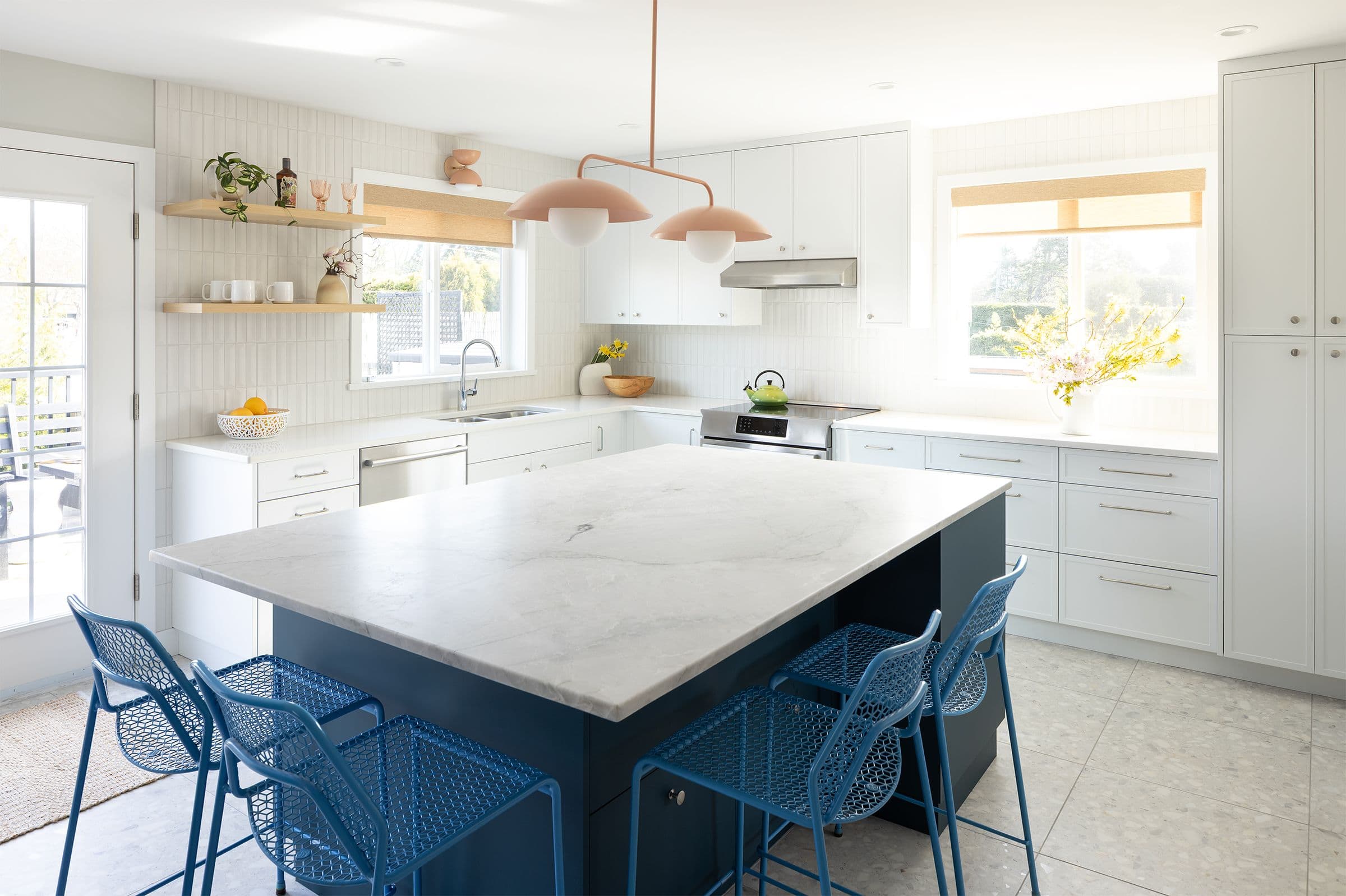 White kitchen with navy island, the Navy Kitchen